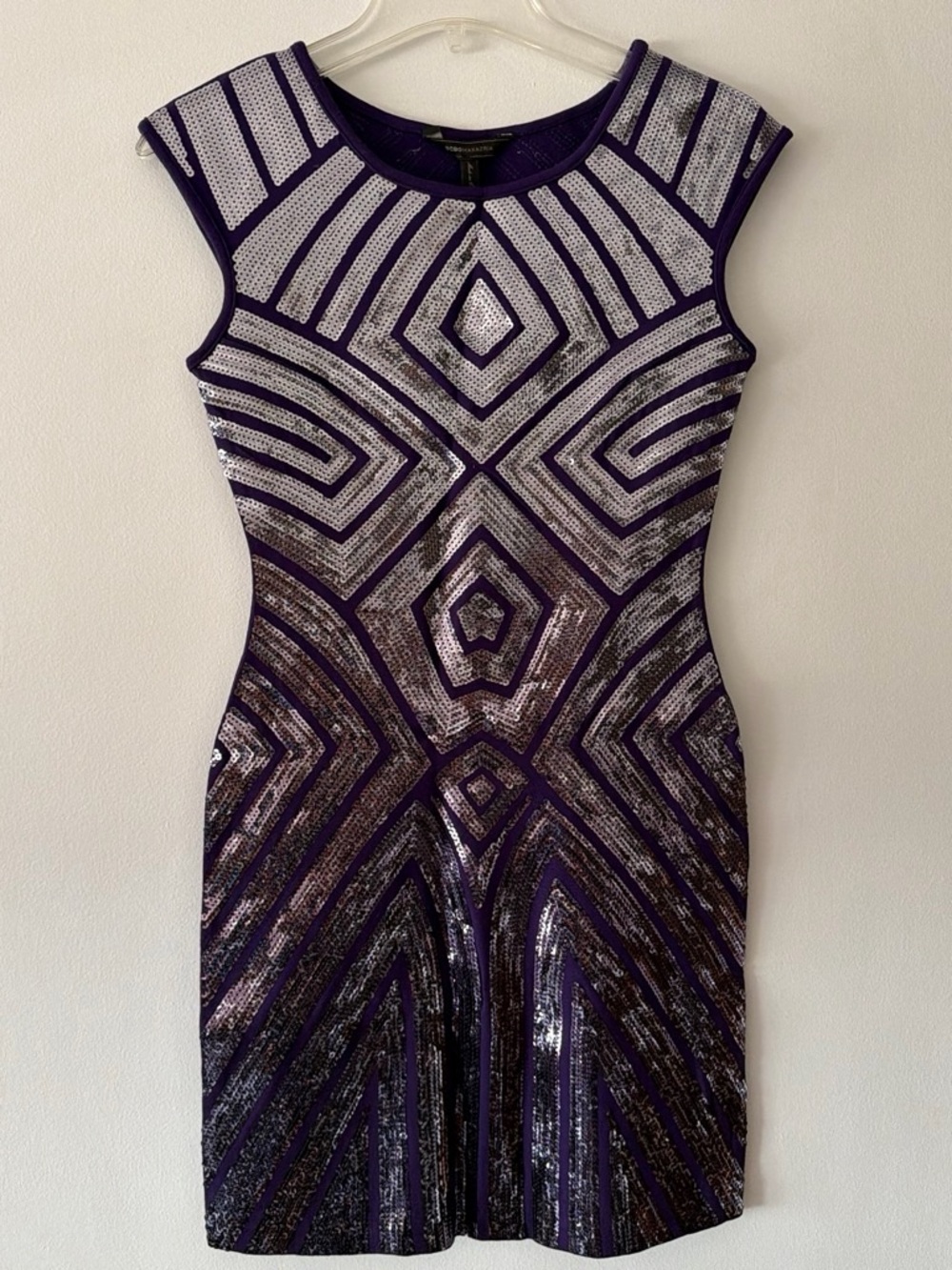 BCBGMAXAZRIA Pat Dress Purple Sequin Mini Bodycon Party Cocktail Dress XS NWT